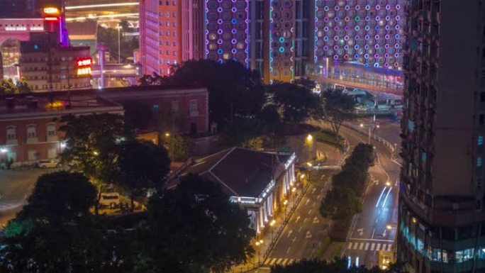 夜间照明澳门城市交通街屋顶全景4k延时中国