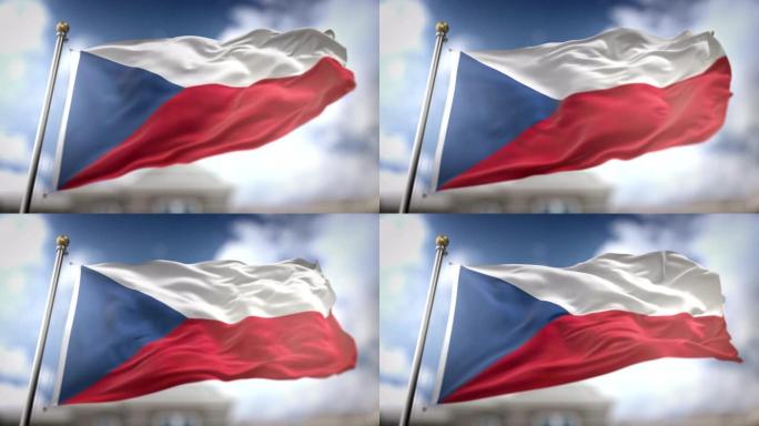 捷克国旗飘扬的慢动作3D渲染蓝天背景-无缝循环4K