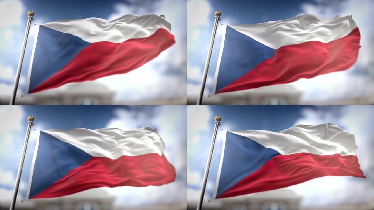 捷克国旗飘扬的慢动作3D渲染蓝天背景-无缝循环4K
