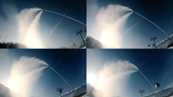 冬季山地滑雪胜地班斯科的雪炮，背景为缆车，慢动作