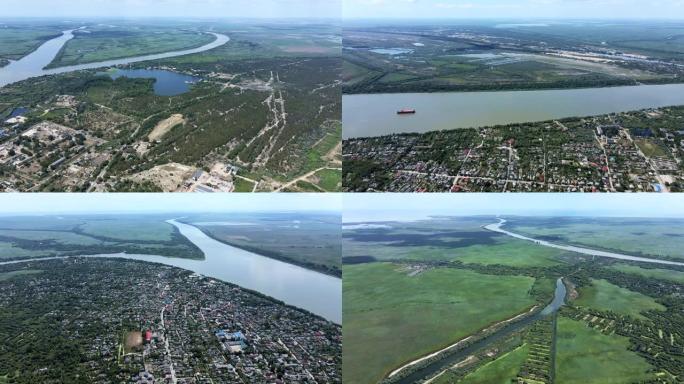 全景，摄像机旋转360度到左侧维尔科沃市 (乌克兰威尼斯，建在水上的城市)。鸟瞰图，4k-60fps