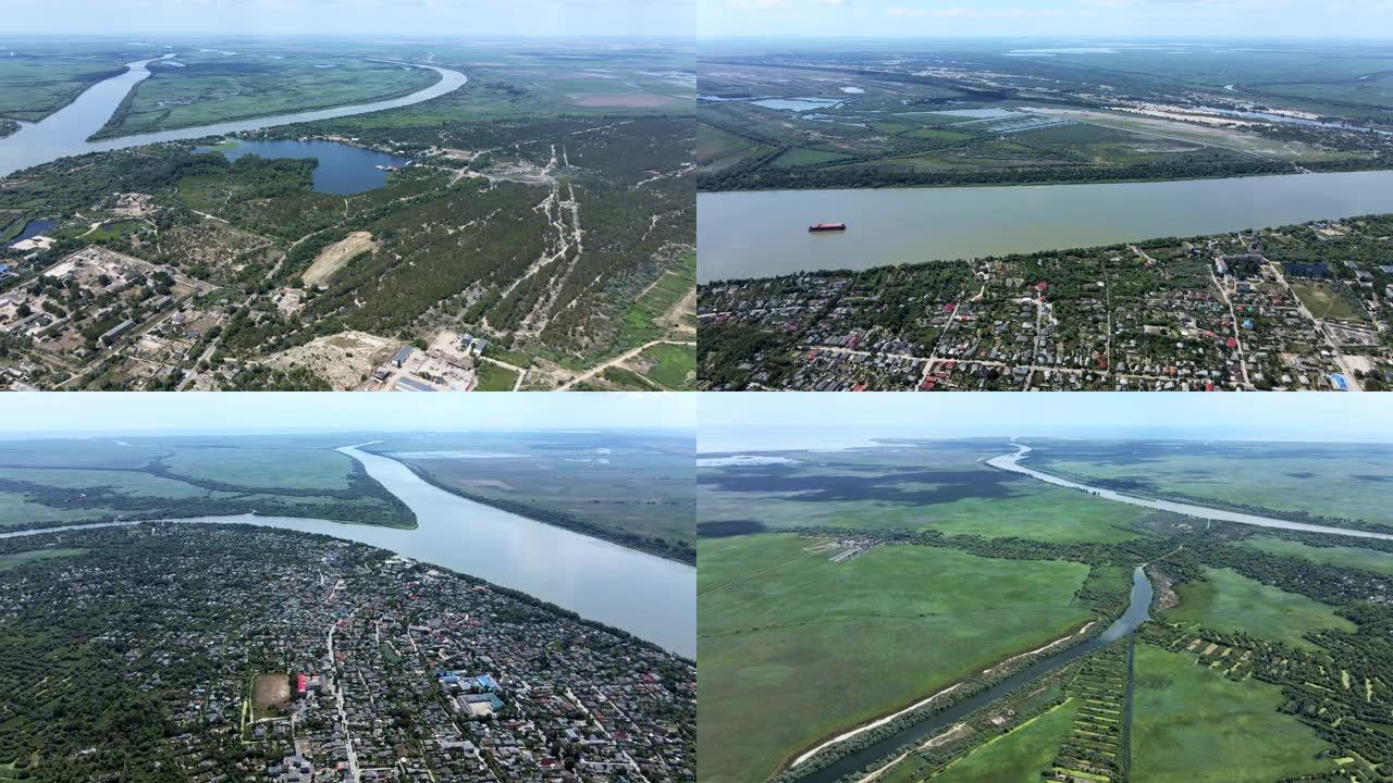 全景，摄像机旋转360度到左侧维尔科沃市 (乌克兰威尼斯，建在水上的城市)。鸟瞰图，4k-60fps