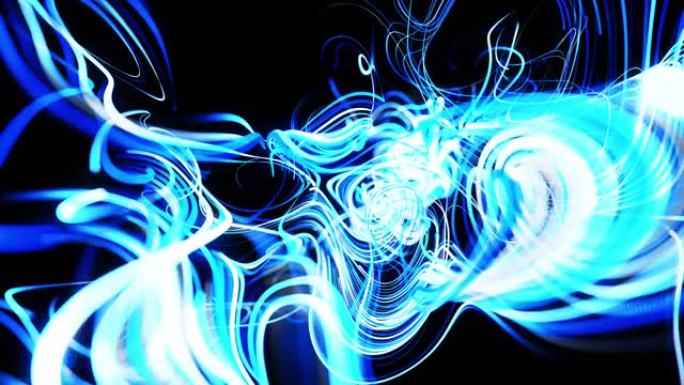 光线条纹的快速线条。粒子流形成卷曲的蓝线，如辉光轨迹，线形成漩涡状，如卷曲噪声。抽象3d动画作为明亮