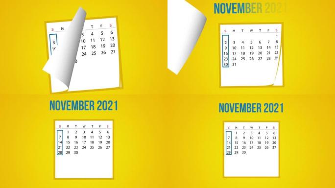 4k分辨率黄色背景下的2021 11月日历翻页动画