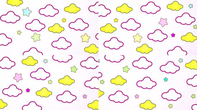 动画卡哇伊渐变粉彩彩色天空云和星星背景。从右向左移动