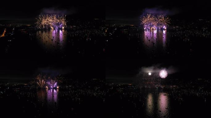 苏黎世城市夏夜著名的湖烟花表演空中全景4k瑞士