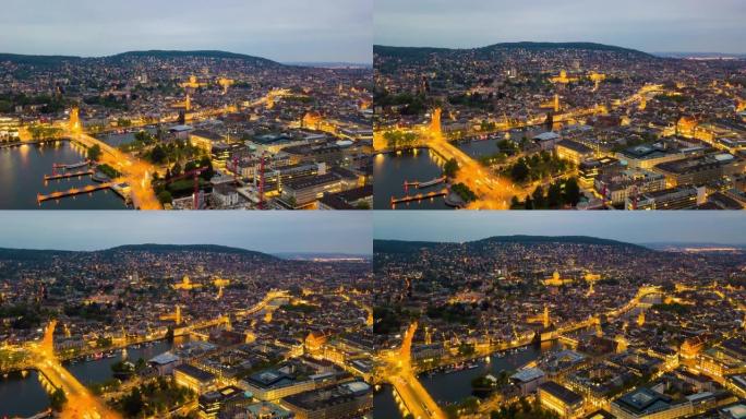 晚间照明苏黎世城市景观湖边空中全景4k延时瑞士