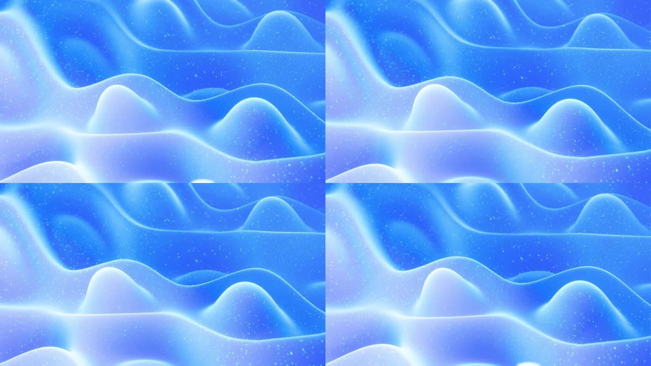 柔和的蓝色哑光材料的抽象波，内部发光，在变形表面上闪闪发光。抽象的几何表面，如景观或地形，挤压或取代