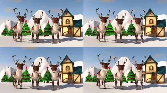 圣诞快乐的鹿和乡村景观。3D渲染。