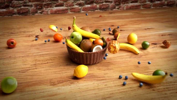 水果落入篮子食物跌落到篮子里洒落慢镜头
