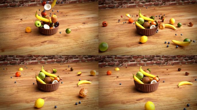 水果落入篮子食物跌落到篮子里洒落慢镜头