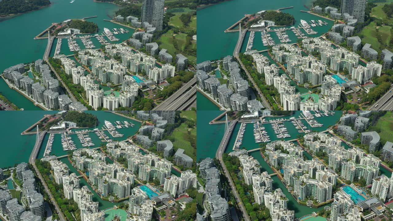 阳光灿烂的新加坡城市公寓海湾综合游艇码头码头交通道路空中全景4k