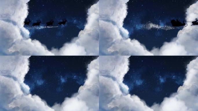 蓝色的圣诞节之夜和云彩与圣诞老人的sleight和驯鹿的轮廓进入和退出飞行与文本空间放置徽标或复制。