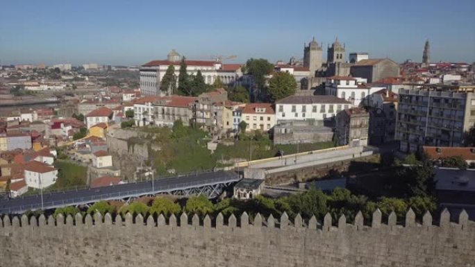 阳光明媚的日子波尔图城市景观空中堡垒墙全景4k葡萄牙