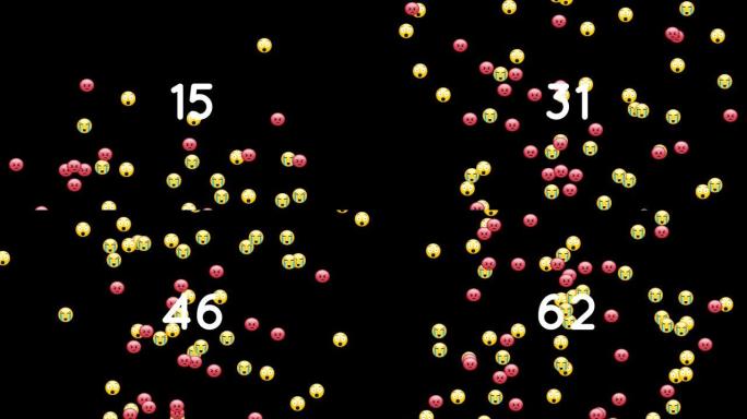 数字在黑色背景下移动的面部表情符号上增加