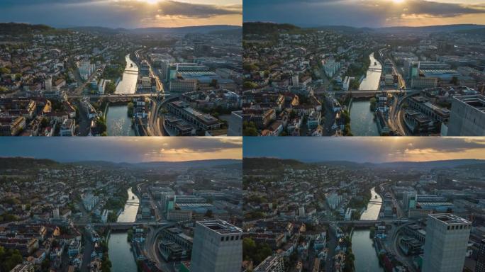 苏黎世日落天空中心河畔城市景观航空全景4k延时瑞士