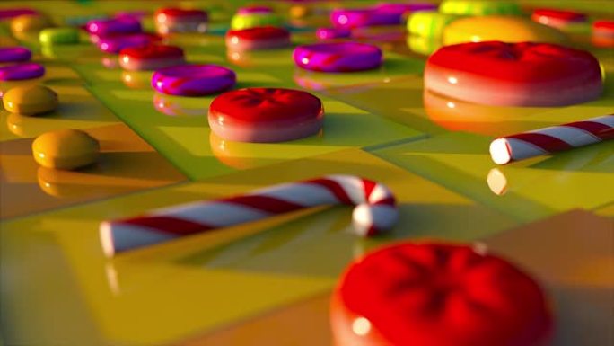 不同的棒棒糖出现在彩色几何平面上，计算机生成。糖果制作、3d渲染的概念