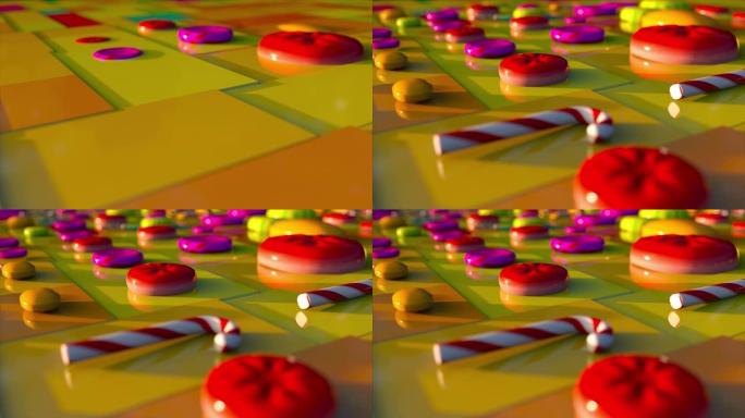 不同的棒棒糖出现在彩色几何平面上，计算机生成。糖果制作、3d渲染的概念