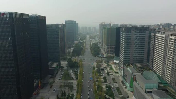 成都市区交通街上空飞行晴天空中全景4k中国