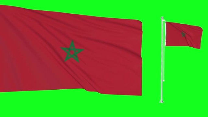 绿屏摩洛哥两面旗帜挥舞摩洛哥旗杆动画3d色度键