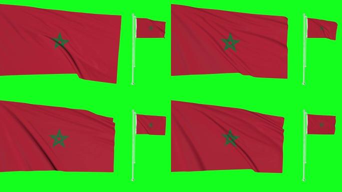 绿屏摩洛哥两面旗帜挥舞摩洛哥旗杆动画3d色度键