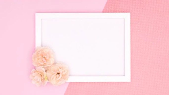 文本的白色框架从底部出现，带有粉红色主题的花朵。停止运动