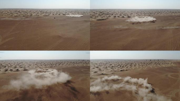 汽车在沙漠中行驶。迪拜，无人机摄像机