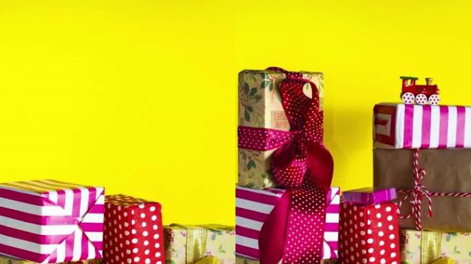 圣诞销售礼品盒形成一叠礼物定格动画。垂直视图
