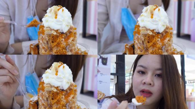 亚洲vlogger少女秀在咖啡店吃冰苏
