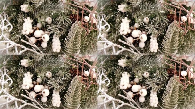 松树圣诞装饰，无缝循环，下雪，4K