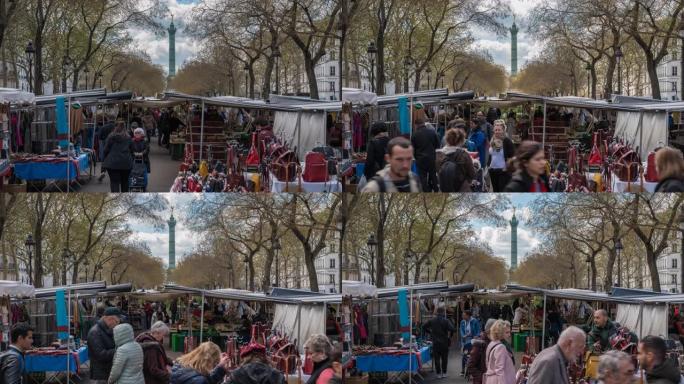 巴黎法国时间流逝4K，巴士底广场市场的城市天际线延时
