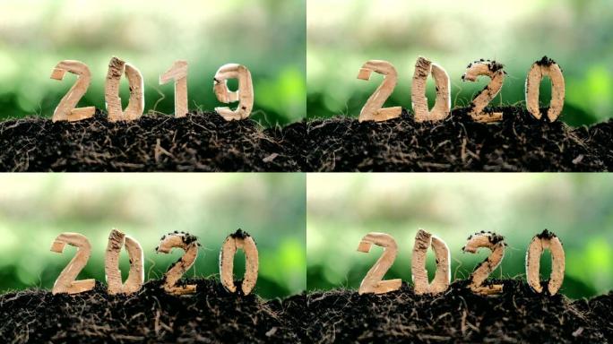 新年快乐2020社交媒体视频.2019-2020更改背景新年决议概念.地面上的木质文字.非常适合您的