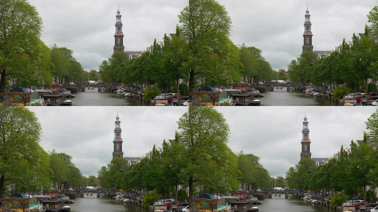 阿姆斯特丹市中心旅游船交通运河桥全景4k荷兰