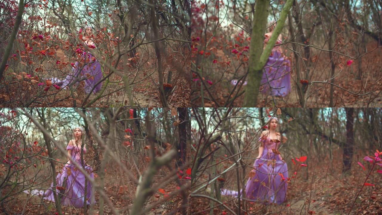 穿着紫色长裙的金发年轻公主在树林里散步，在光秃秃的秋树间，留着红叶。复古魅力发型，收集头发，银色皇冠