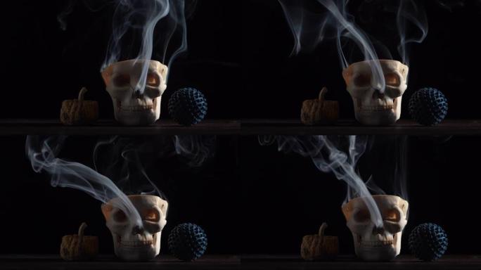 4k视频人类头骨，干南瓜和一个病毒形状的物体在木桌上