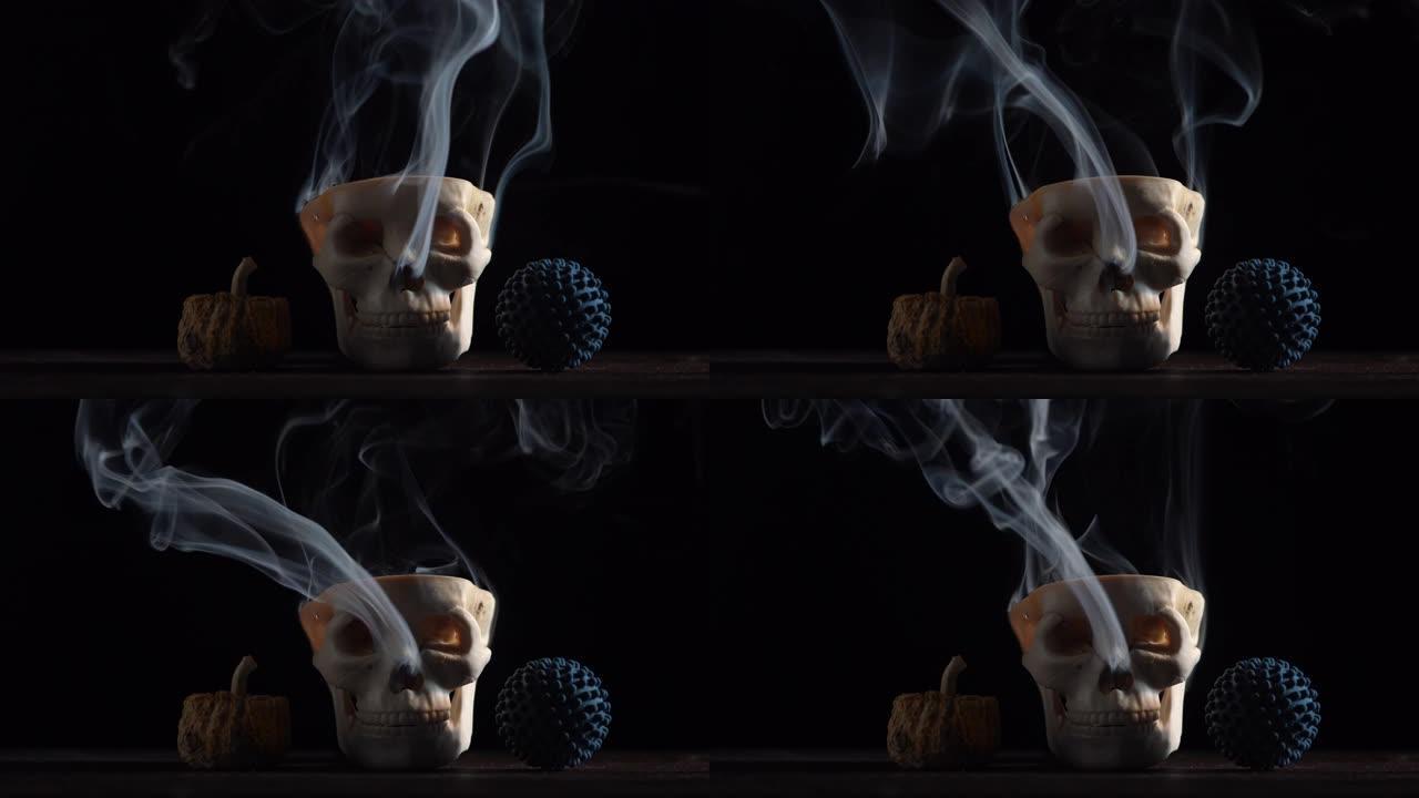4k视频人类头骨，干南瓜和一个病毒形状的物体在木桌上