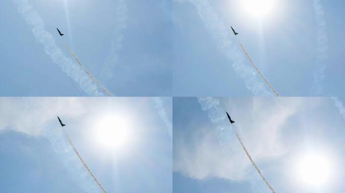 Su-35飞机正在飞向太空，火箭破云到达恒星。