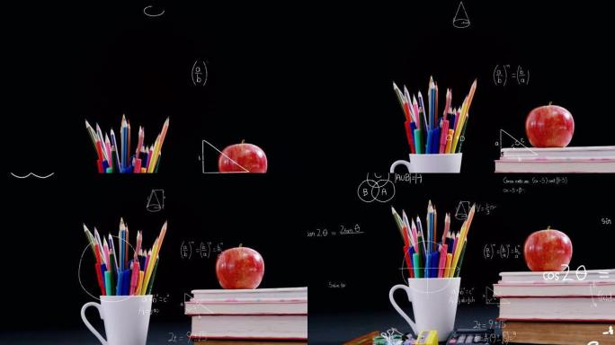 在书本和铅笔架上漂浮在苹果上的数学方程式