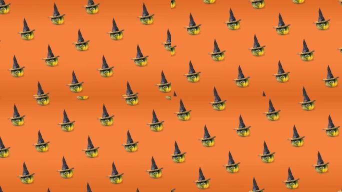 许多南瓜的无缝图案动画，带有谷歌般的眼睛和女巫帽，在不同方向上对角线运动。万圣节概念，橙色背景上有复