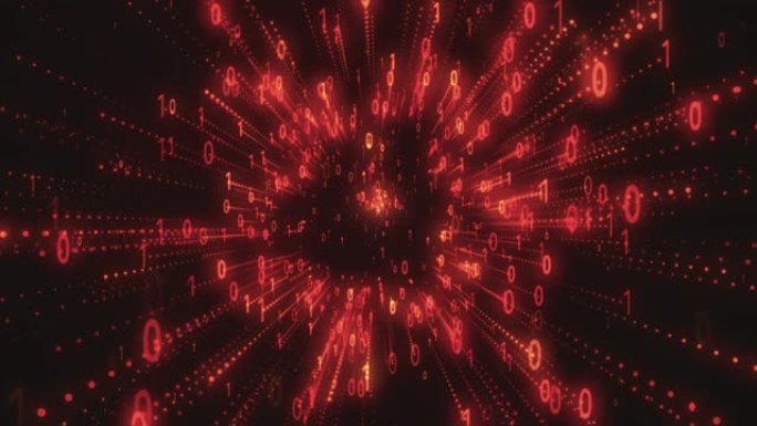 二进制代码黑色和红色背景，数字在屏幕上移动，数字时代的概念。算法二进制，数据代码，解密和编码，背景。
