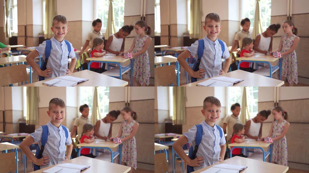 快乐的学生在学校休息后，他结束了他的课程，他是如此兴奋