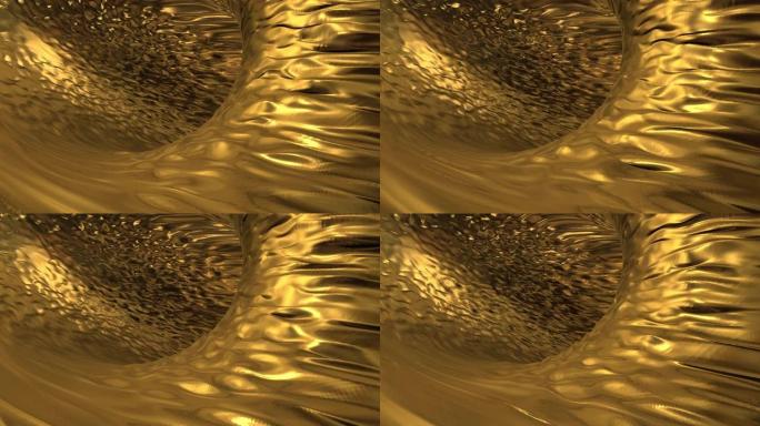 金色液态金属背景。魅力缎纹理3D渲染循环4k