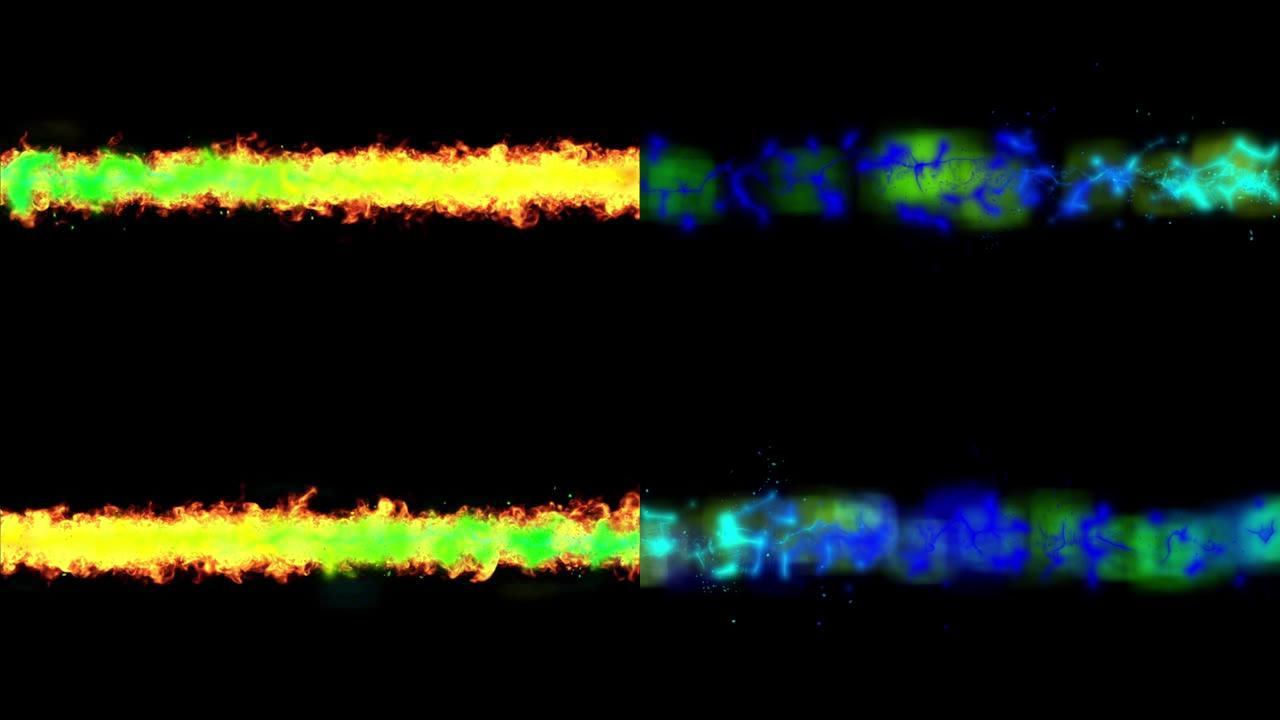 火焰和彩色粒子在黑色背景下穿过屏幕。彩色抽象条纹和火动画
