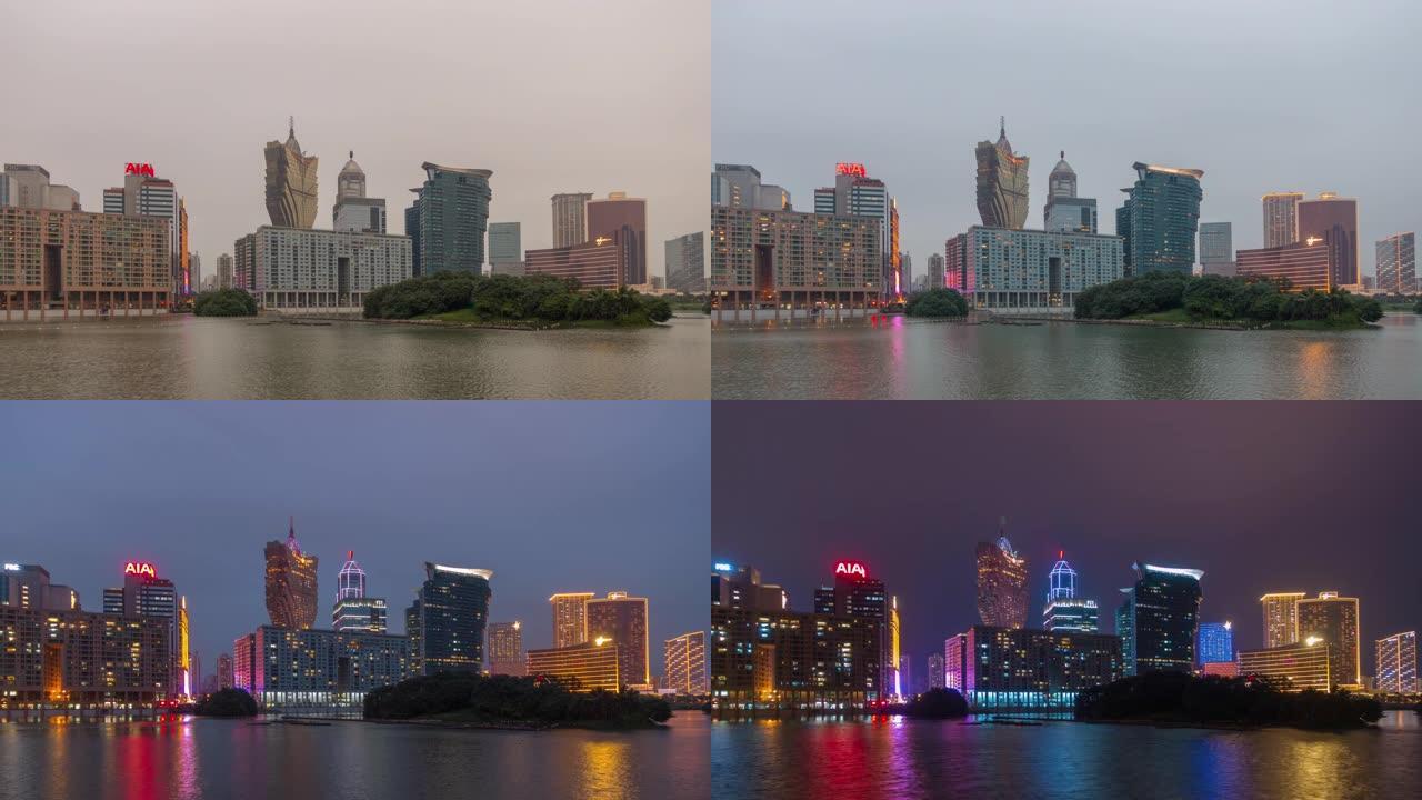 雨天澳门城市著名酒店海湾全景4k延时中国