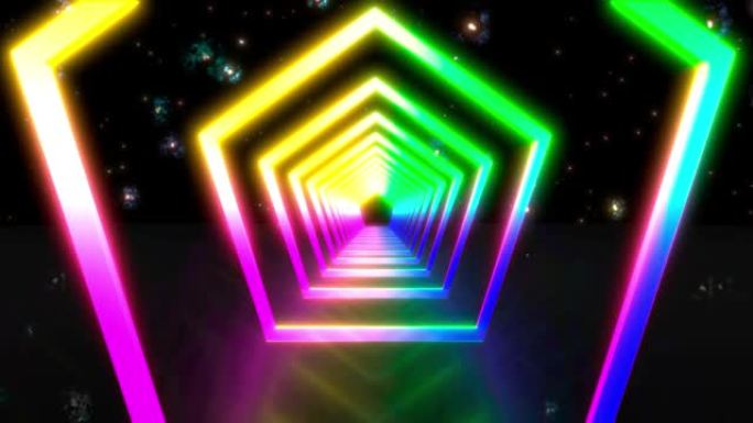 未来迪斯科星走廊中的抽象飞行。无缝循环4k背景，荧光紫外光，蓝色粉色绿色光谱，3d渲染