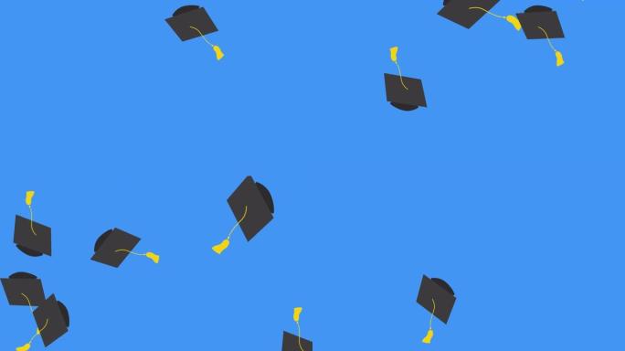 毕业学院大学帽子落在蓝色背景上的动画