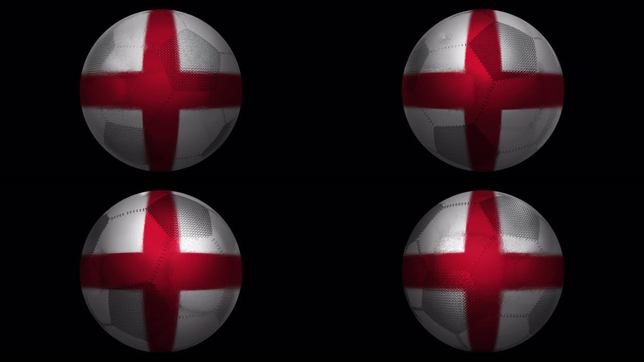英格兰。足球和旗帜。一个旋转的足球和一面融入其中的旗帜。