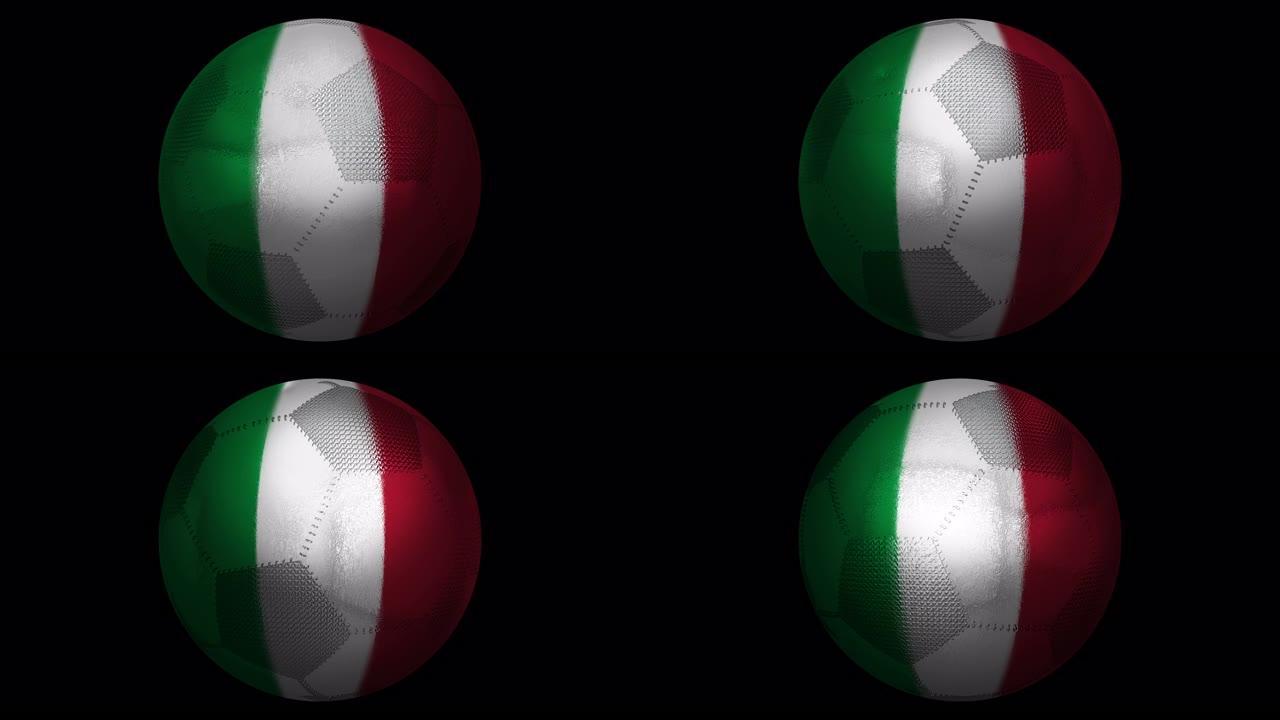 意大利。足球和旗帜。一个旋转的足球和一面融入其中的旗帜。