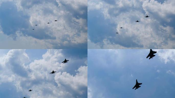 四架喷气式飞机以慢动作进近，近距离飞行时进行攻击和机动。