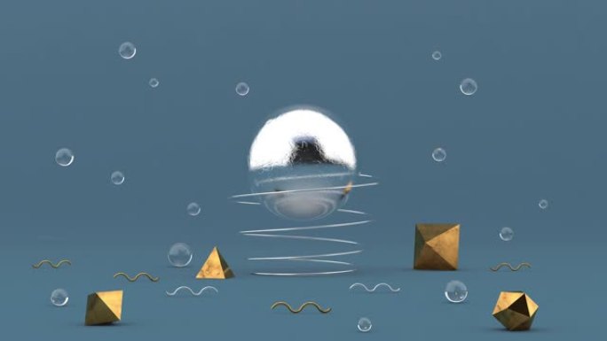 大金属球和弹簧，玻璃球，金色形状。抽象动画，3d渲染。